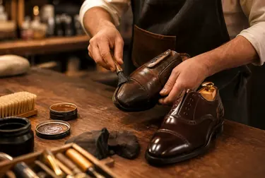 Sapateiro realizando reforma em sapatos sociais.