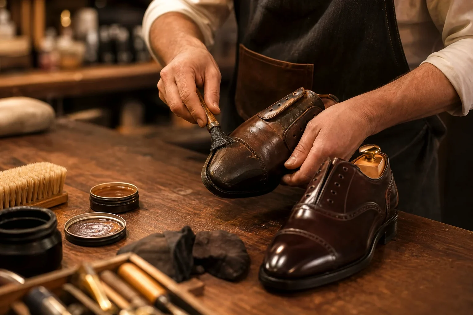 Sapateiro realizando reforma em sapatos sociais.