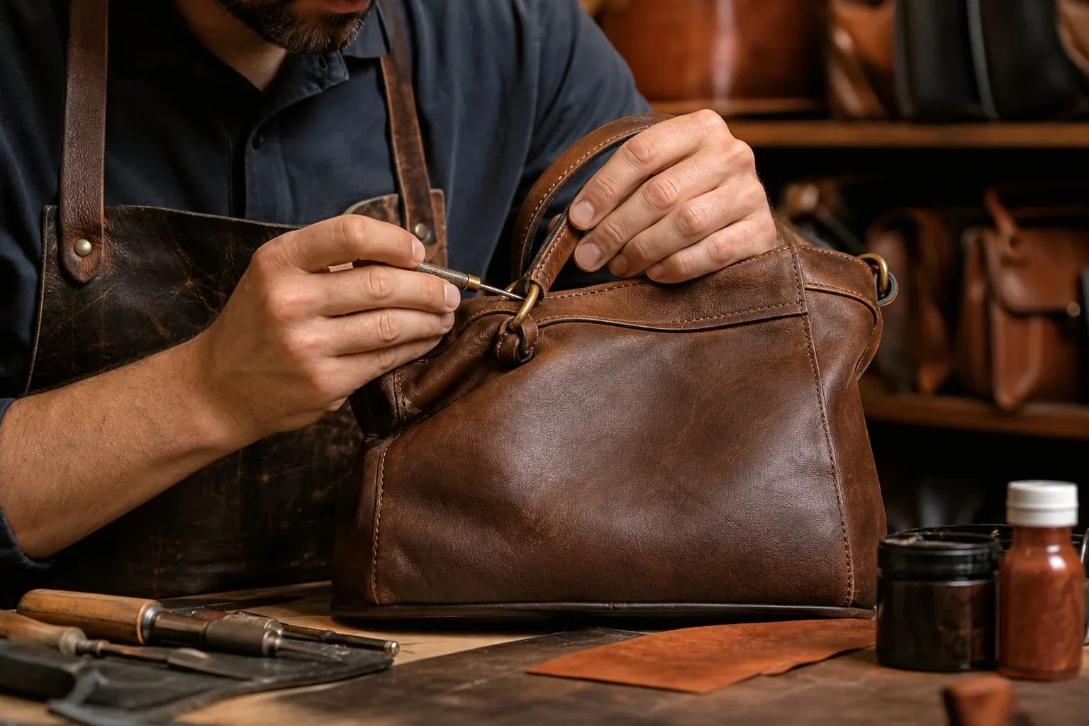 Sapateiro realizando reforma em uma bolsa de couro.